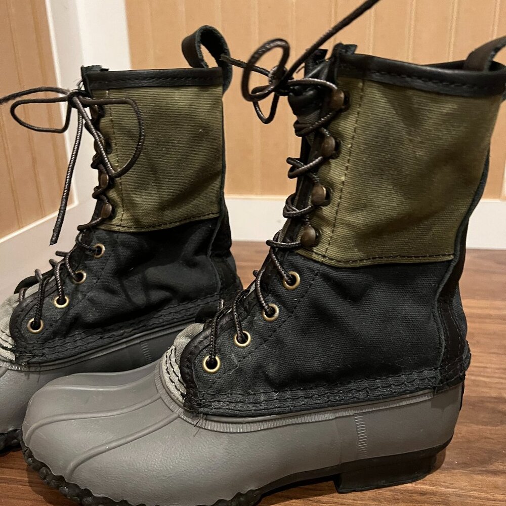 LL Bean Signature Retro Bean Boots, Blue Green Waxed Canvas Gray Duck Boots Sz 6